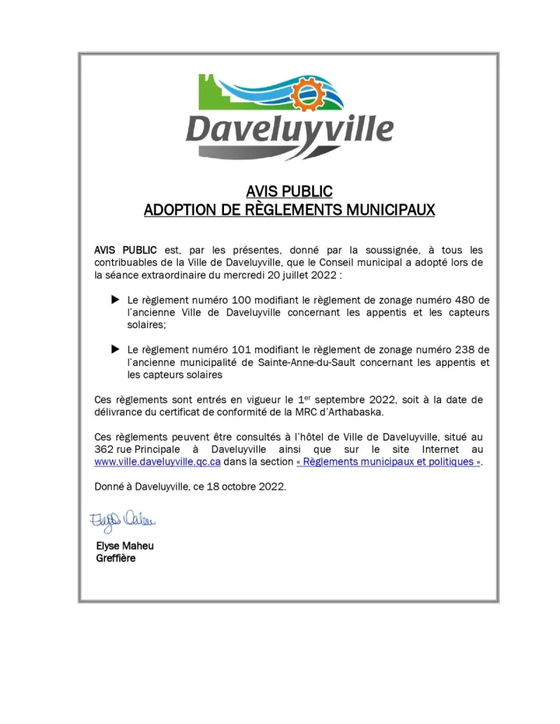 Avis public - Adoption des règlements 100 et 101